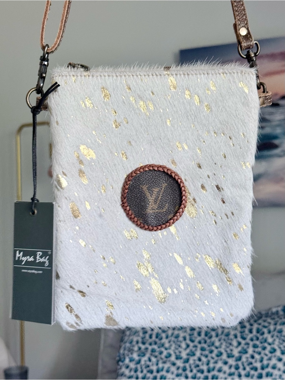 Upcycled Myra Bag with Louis Vuitton Detail Gold Acid Wash Hair on Hide Leather